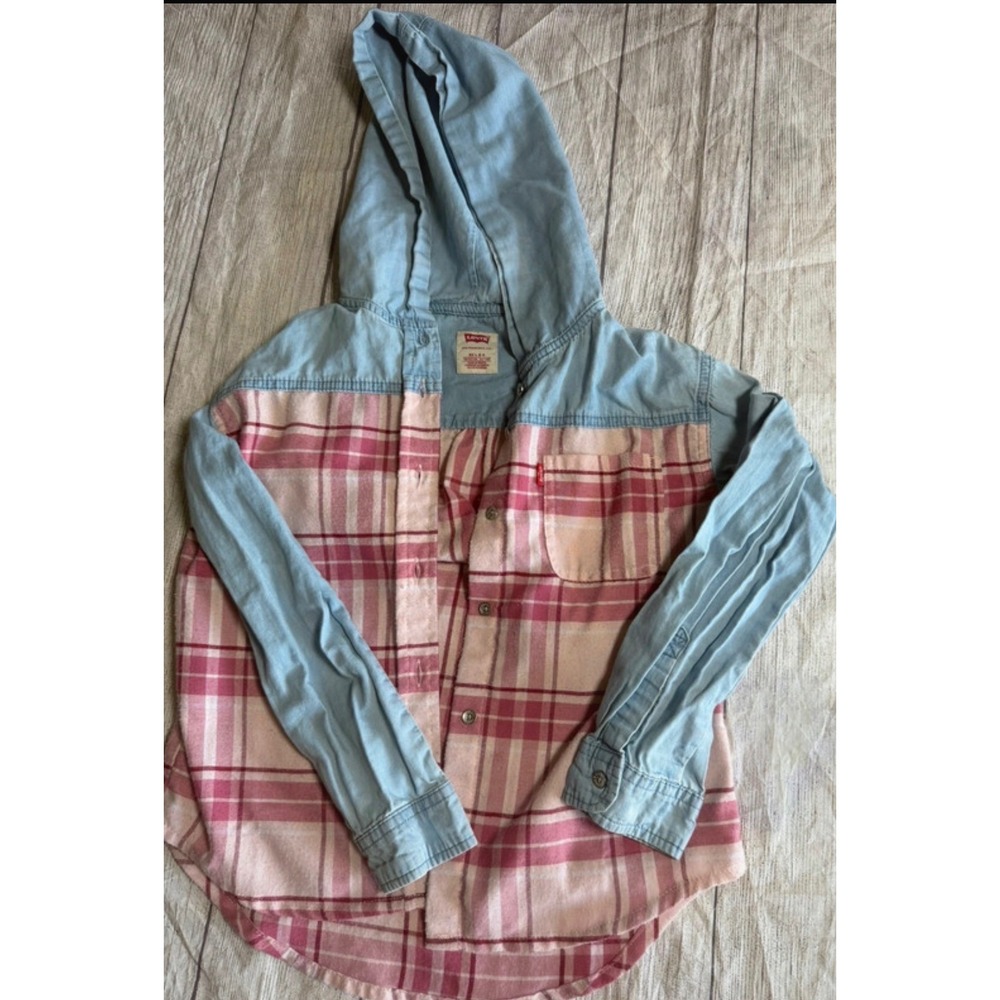 Levis Girls Hooded Flannel Shirt Pink Plaid Denim Mixed Media Jacket Size 6X